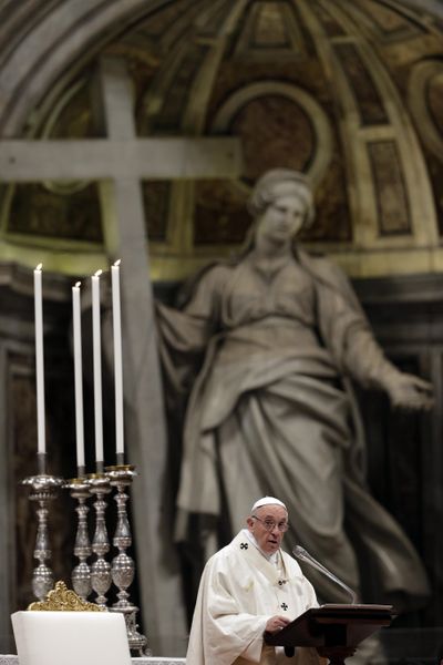 Pope Francis celebrates Mass on the occasion of the feast of Our Lady of Guadalupe, in St. Peter's Basilica at the Vatican,Tuesday, Dec. 12, 2017. (AP Photo/Gregorio Borgia) ORG XMIT: FP106 (Gregorio Borgia / AP)