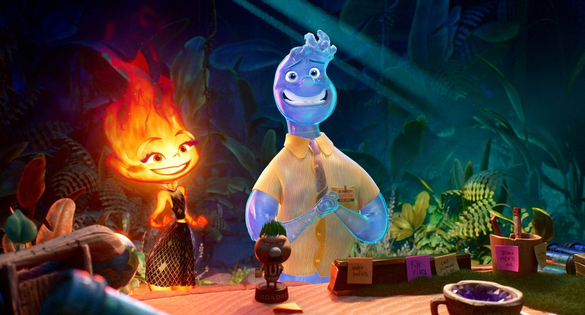 Ember Lumen (voice of Leah Lewis) and Wade Ripple (Mamoudou Athie) in “Elemental.”  (Pixar)