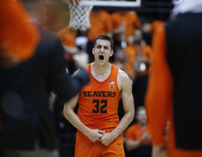Oregon State’s Seth Berger reacts after a timeout was called during the second half of the team’s NCAA college basketball game against Oregon in Corvallis, Ore., Friday, Jan. 5, 2018. Oregon State won 76-64. (Timothy J. Gonzelez / Associated Press)