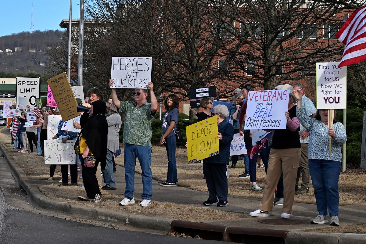 Participants at a “Protect Our Veterans” rally in Huntsville, Alabama, in March. (Michael S. Williamson/The Washington Post)