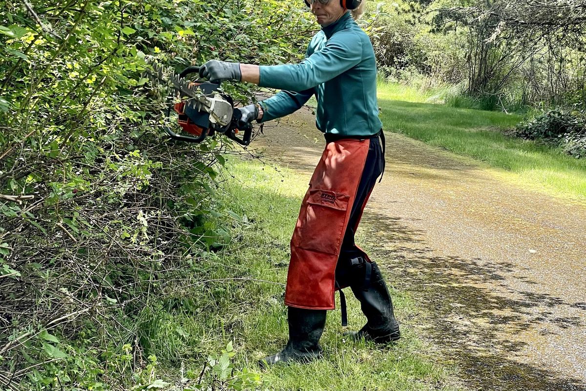 John uses the power trimmer to attack the brush at Spencer Spit State Park (Leslie Kelly)