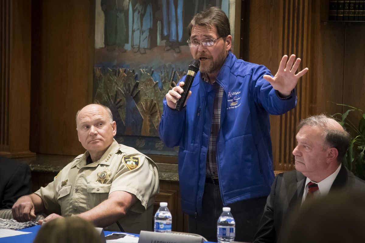 Spokane City Councilman Mike Fagan speaks April 18, 2017, during a panel discussion on rhetoric and responsibility hosted by the Spokane chapter of the NAACP. (Colin Mulvany / The Spokesman-Review)