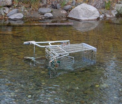 Shopping cart in the Spokane River near Upriver Dam. (Craig Goodwin / The Spokesman-Review)