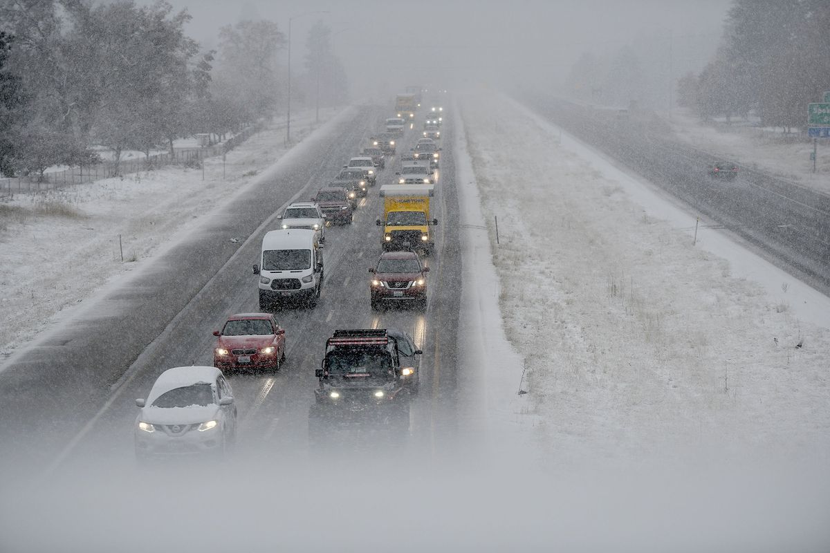 Cars were back up on I-90 due to an accident just past the Idaho Street overpass Nov. 13, 2020, in Post Falls. Idaho Transportation Department is looking into ways to expand the highway system in Kootenai County.  (Kathy Plonka/The Spokesman-Review)