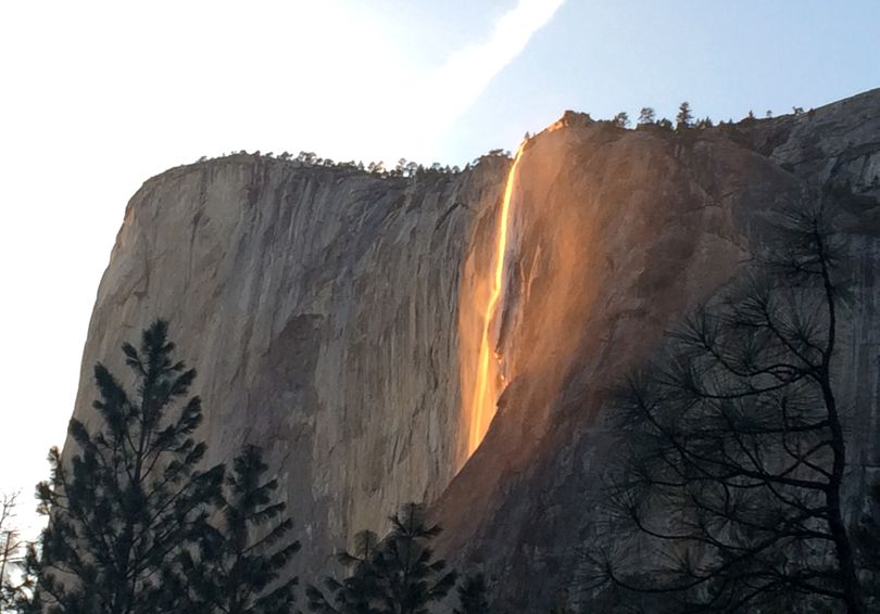 Yosemite National Park's Horsetail Falls glows like a lavafall as the sun sets on Feb. 24, 2016. (Hillary Landers)