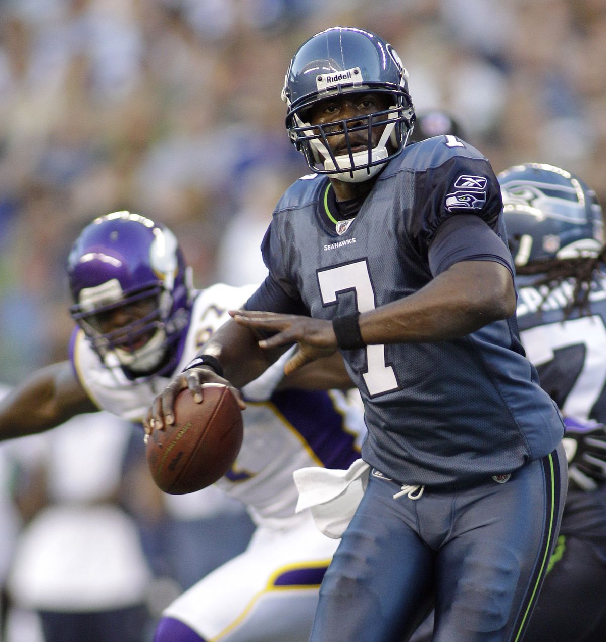 Tarvaris Jackson was named the starting quarterback at the beginning of training camp by coach Pete Carroll. (Associated Press)