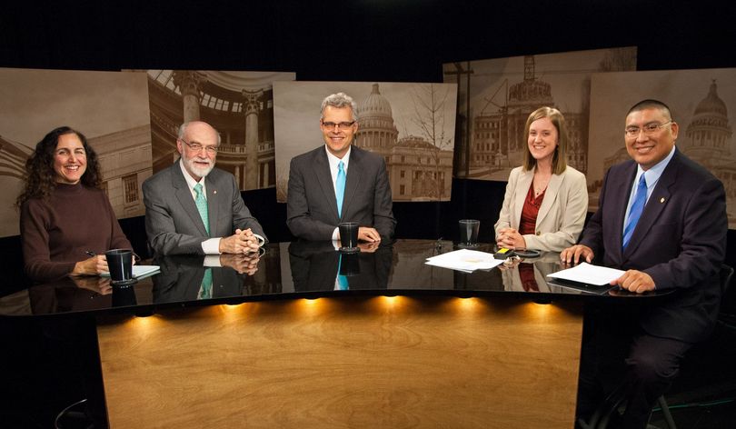 A panel at Idaho Public Television's Idaho Reports discusses education issues facing the upcoming Idaho Legislature; from left are Betsy Russell, Jim Weatherby, Kevin Richert, and co-hosts Melissa Davlin and Aaron Kunz.  (IPTV)