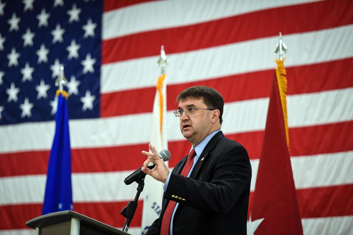 Robert Wilkie, United States Secretary of Veterans Affairs, addresses the gathering at the Congressional Military Family Summit 2018, Wednesday, Oct. 17, at Fairchild Air Force Base. (Dan Pelle / The Spokesman-Review)