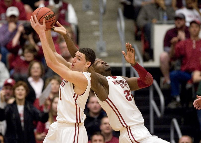 Washington State guard Klay Thompson, left, controls a rebound from teammate DeAngelo Casto during the first half against Northwestern in a college basketball game in the quarterfinals of the NIT on Wednesday, March 23, 2011, in Pullman, Wash. (Dean Hare / Fr158448 Ap)