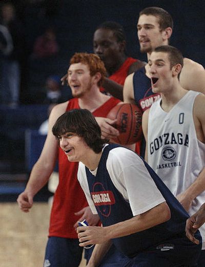 Gonzaga forward Adam Morrison, front, and his teammates react to a game of one-on-one after Wednesday's practice. 
 (Brian Plonka / The Spokesman-Review)