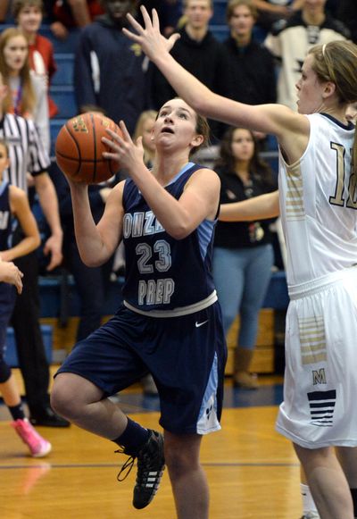 Gonzaga Prep's Hannah Caudill, left, slips around Mead's Delany Junkermier for a lay-up on Tuesday. (Jesse Tinsley)