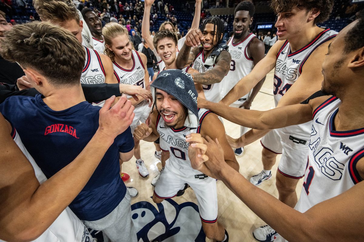 The Zags razz Gonzaga Bulldogs guard Ryan Nembhard (0) after he was named player of the game after defeating Long Beach State 84-41during the second half of a NCAA college basketball game, Wed., Nov. 20, 2024, at the McCarthey Athletic Center.  (COLIN MULVANY)