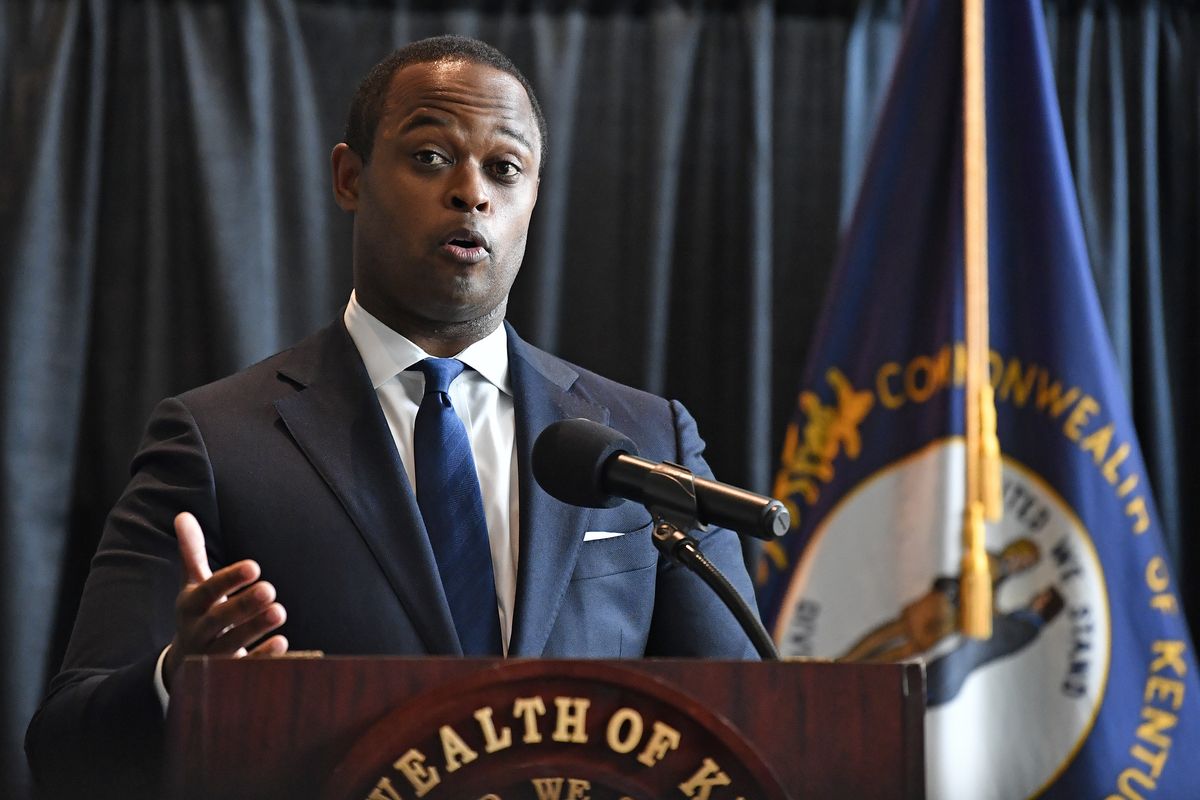 Kentucky Attorney General Daniel Cameron addresses the media following the return of a grand jury investigation into the death of Breonna Taylor, in Frankfort, Ky., Wednesday, Sept. 23, 2020. Of the three Louisville Metro police officers being investigated, one was indicted.  (Timothy D. Easley)