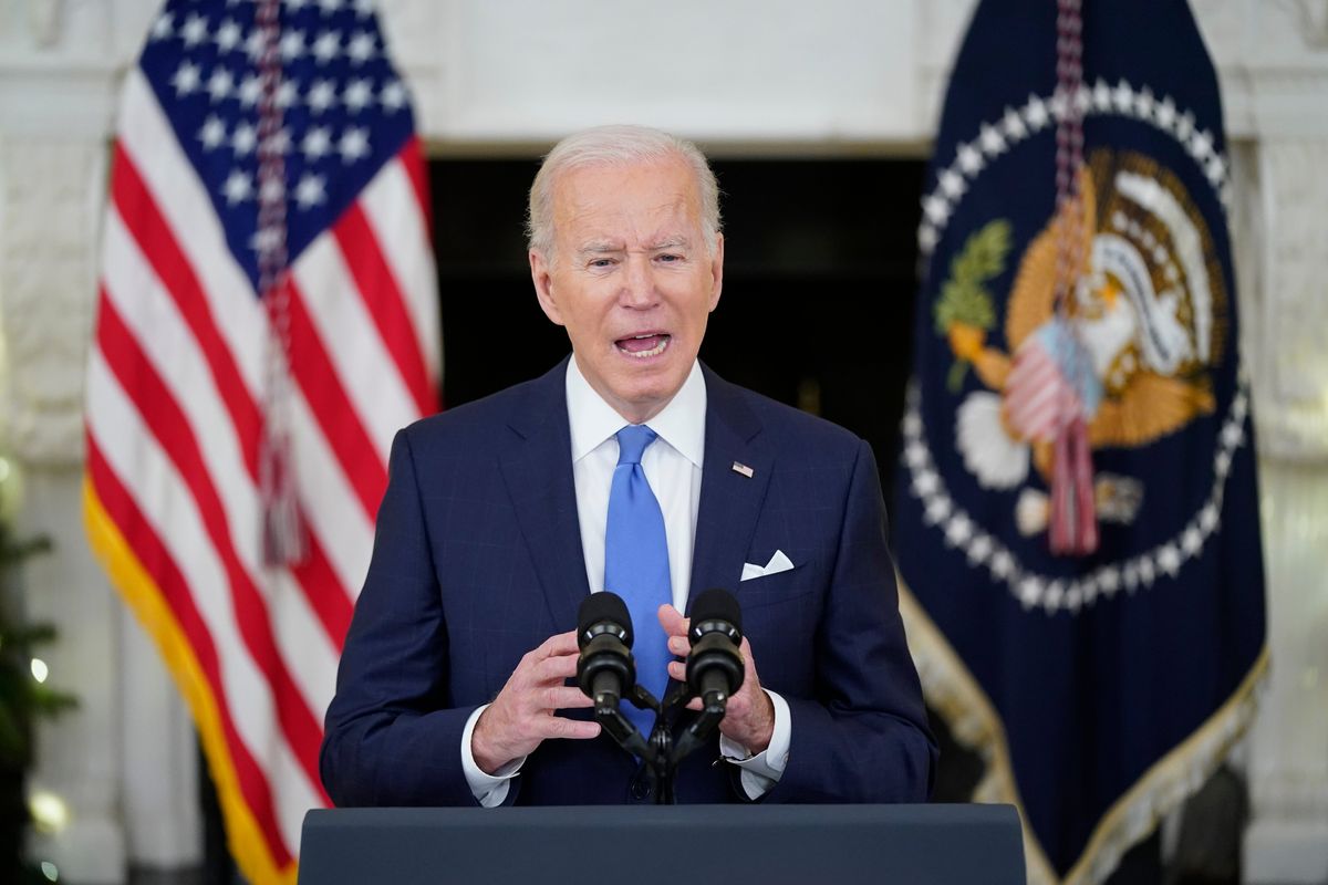 President Joe Biden speaks about the COVID-19 response and vaccinations, Tuesday, Dec. 21, 2021, in the State Dining Room of the White House in Washington. (Patrick Semansky)
