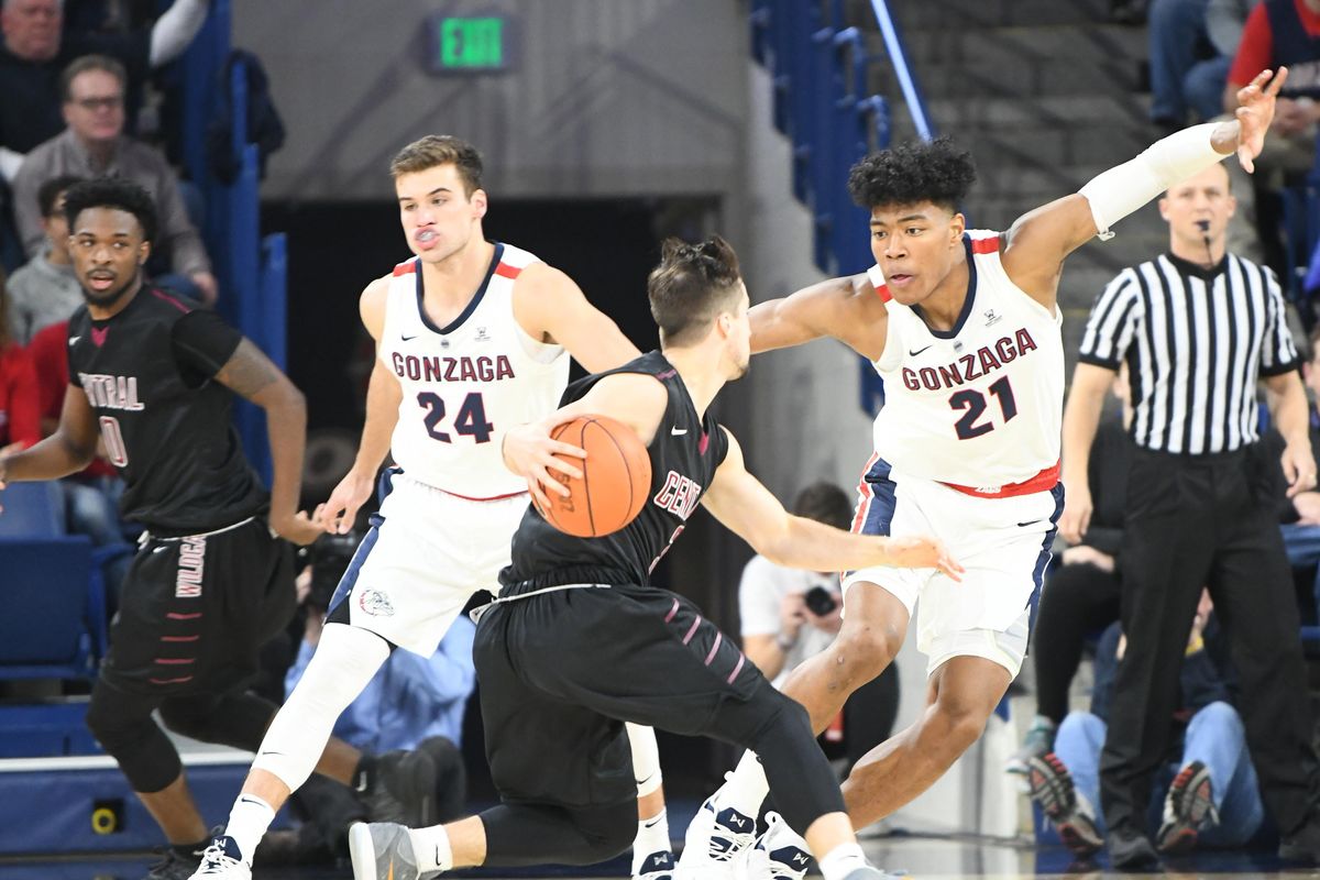 Gonzaga’s  Rui Hachimura, right, defends Central Washington’s Jackson Price in the first half Thursday  at McCarthey Athletic Center. (Jesse Tinsley / The Spokesman-Review)