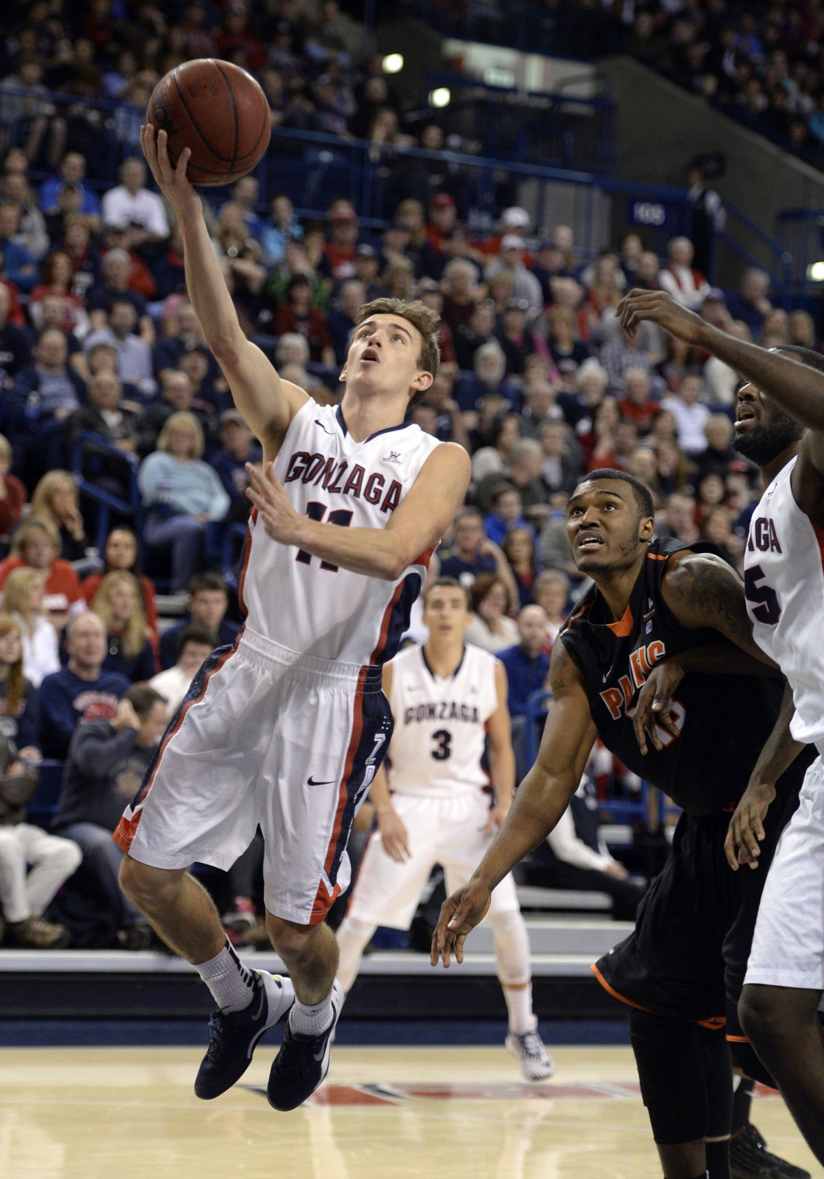 Gonzaga guard David Stockton scores two of his 15 points. He didn’t miss a shot all game. (Colin Mulvany)