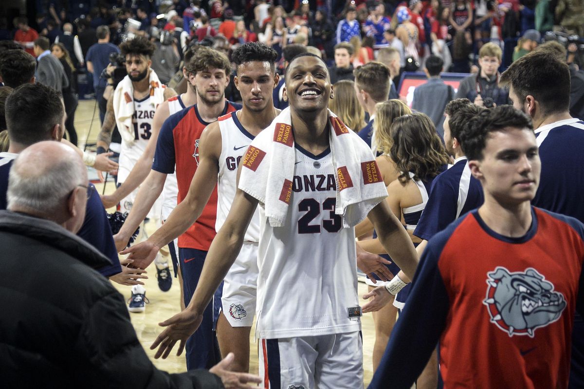 Gonzaga guard Zach Norvell Jr., is all smiles after defeating Texas A&M on Thursday in the McCarthey Athletic Center. (Dan Pelle / The Spokesman-Review)