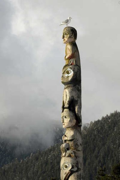 
A seagull rests on a totemic representation of Alexander Baranov in Sitka, Alaska, on  March 26. Associated Press
 (Associated Press / The Spokesman-Review)