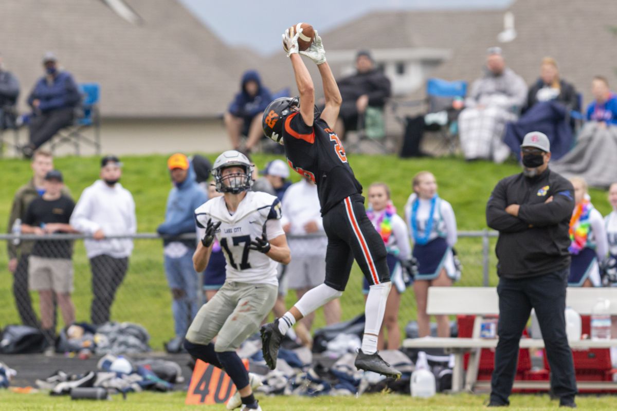 Zach Clark hauls in his third interception of the game. Post Falls came from behind to beat visiting Lake City 34-13 in a nonleague game between league rivals on Saturday, Sept. 19, 2020.  (Cheryl Nichols/courtesy)