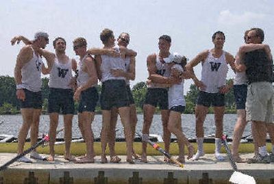 
Members of the  Huskies rowing team celebrate after winning the men's Grand Final. 
 (Associated Press / The Spokesman-Review)