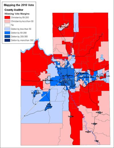Computer map of Spokane County auditor race, 2010 General Election. (Jim Camden/The Spokesman-Review)