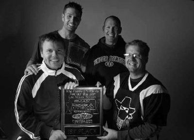 Lightz Out co-captains Ryan Buth and J.C. Frandsen, left front and back, combined their team with Bridgeport co-captains Jeff Hayward and Jared Anderson, right front and back, to form the Spokane Outlaws and win a national flag football title.
(Holly Pickett / The Spokesman-Review)