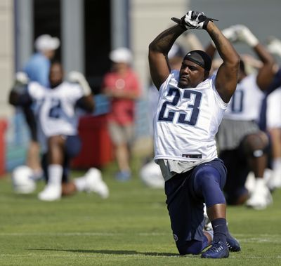 Tennessee Titans running back Shonn Greene stretches during training camp in Nashville, Tennessee. (Associated Press)