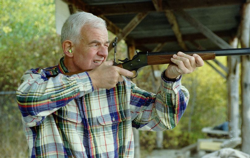 Speaker of the House Tom Foley shoots a buffalo gun at the Spokane Valley Rifle and Pistol Range in this 1994 photo. Foley met with club members in an attempt to counter an anti-Foley NRA ad campaign that had begun in the 5th District of Washington state. (File)