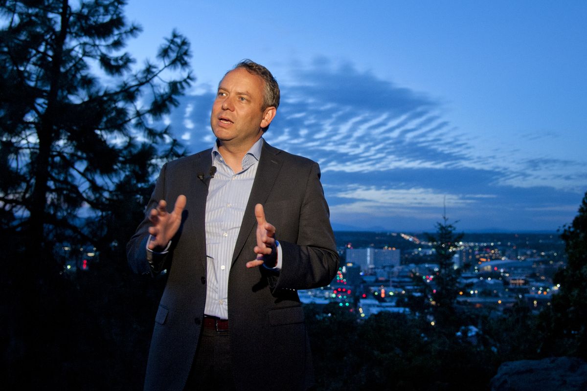 Spokane Mayor David Condon discusses the primary election results Tuesday night from Cliff Drive overlooking the city. (Dan Pelle)