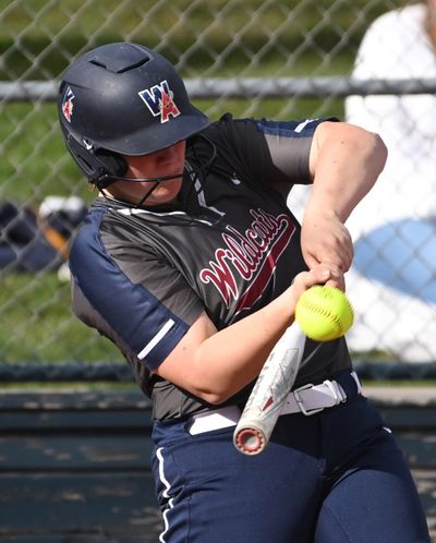 Jessica Waters, pictured during a 2022 game, is Mt. Spokane’s all-time leader in home runs.  (COLIN MULVANY/THE SPOKESMAN-REVIEW)