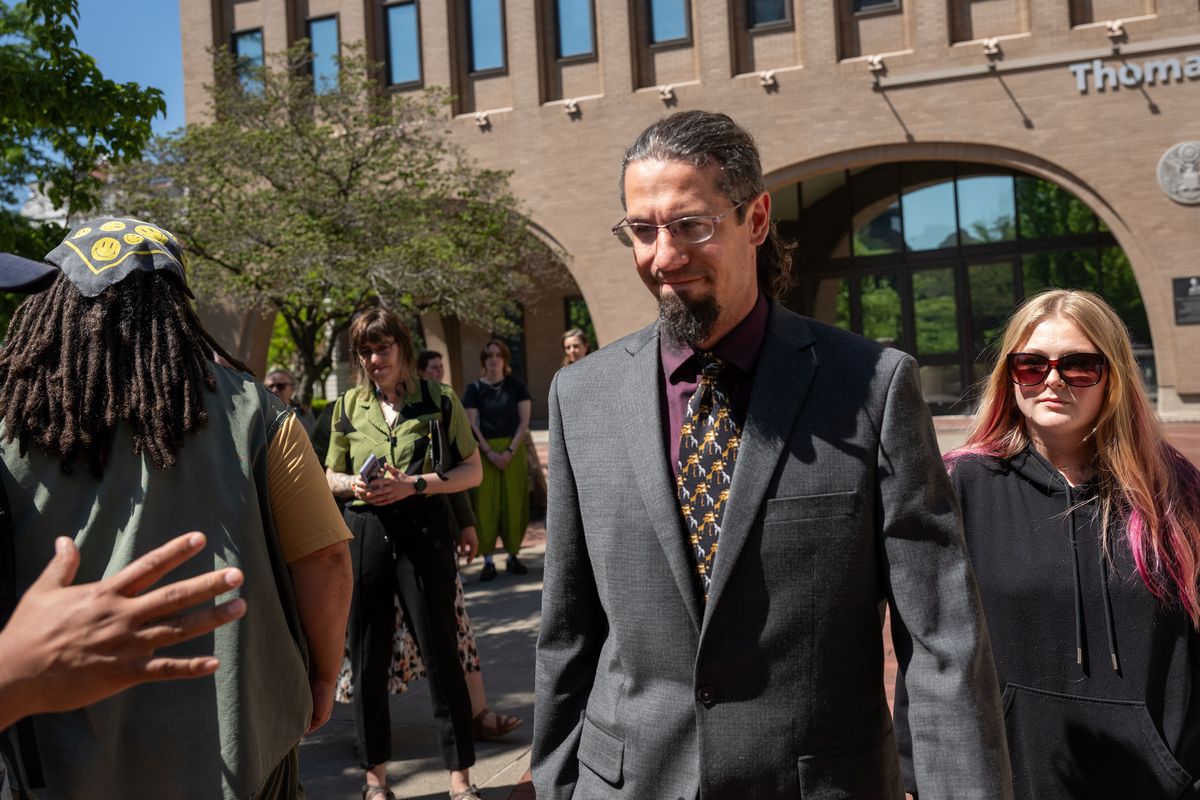 Bajun Mavalwalla II leaves the Thomas S. Foley Federal Courthouse Thursday after he was found guilty with two others of conspiracy to imped or injure an ICE agent or their property. (COLIN MULVANY /THE SPOKESMAN-REVIEW)