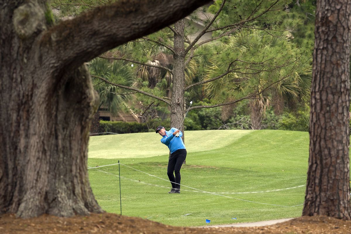 Stewart Cink hits out of the rough on the 10th hole during the second round of the RBC Heritage golf tournament in Hilton Head Island, S.C., Friday, April 16, 2021.  (Associated Press)