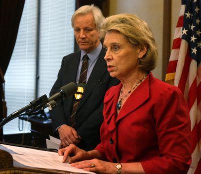 Gov. Chris Gregoire and  Corrections Secretary Eldon Vail hold a press briefing Monday in Olympia.  (Associated Press)