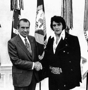 President Richard Nixon  and Elvis Presley shake hands in the White House on Dec. 21, 1970.  Memos concerning Presley’s visit have been posted on the FBI’s Web page.  (File Associated Press)