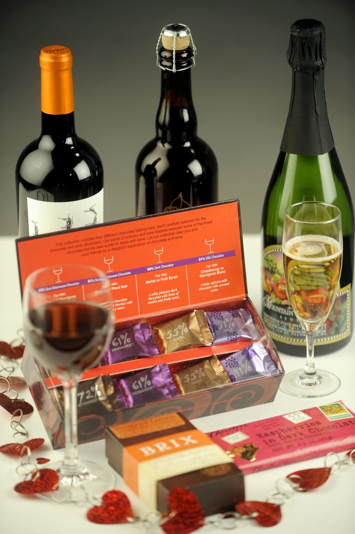 Wine, sparkling wine, beer and chocolates can be enjoyed as part of a Valentine’s Day meal or special treat. (Jesse Tinsley / The Spokesman-Review)