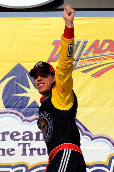 Victory Lane was a crowded and rowdy place for first-time NASCAR Sprint Cup Series race winner Brad Keselowski. Keselowski, driver of the No. 09 Miccosukee Chevrolet, celebrated with his team after beating his former mentor Dale Earnhardt Jr. to the checkered flag in Sunday's NASCAR Sprint Cup Series Aaron's 499 at Talladega Superspeedway. (Photo Credit: Rusty Jarrett/Getty Images for NASCAR)  (Rusty Jarrett / The Spokesman-Review)
