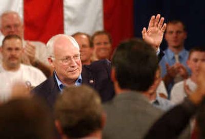 
Vice President Dick Cheney waves to supporters before holding a town hall meeting in Manchester, N.H., on Tuesday. Vice President Dick Cheney waves to supporters in Manchester, N.H., on Tuesday. 
 (Associated Press / The Spokesman-Review)