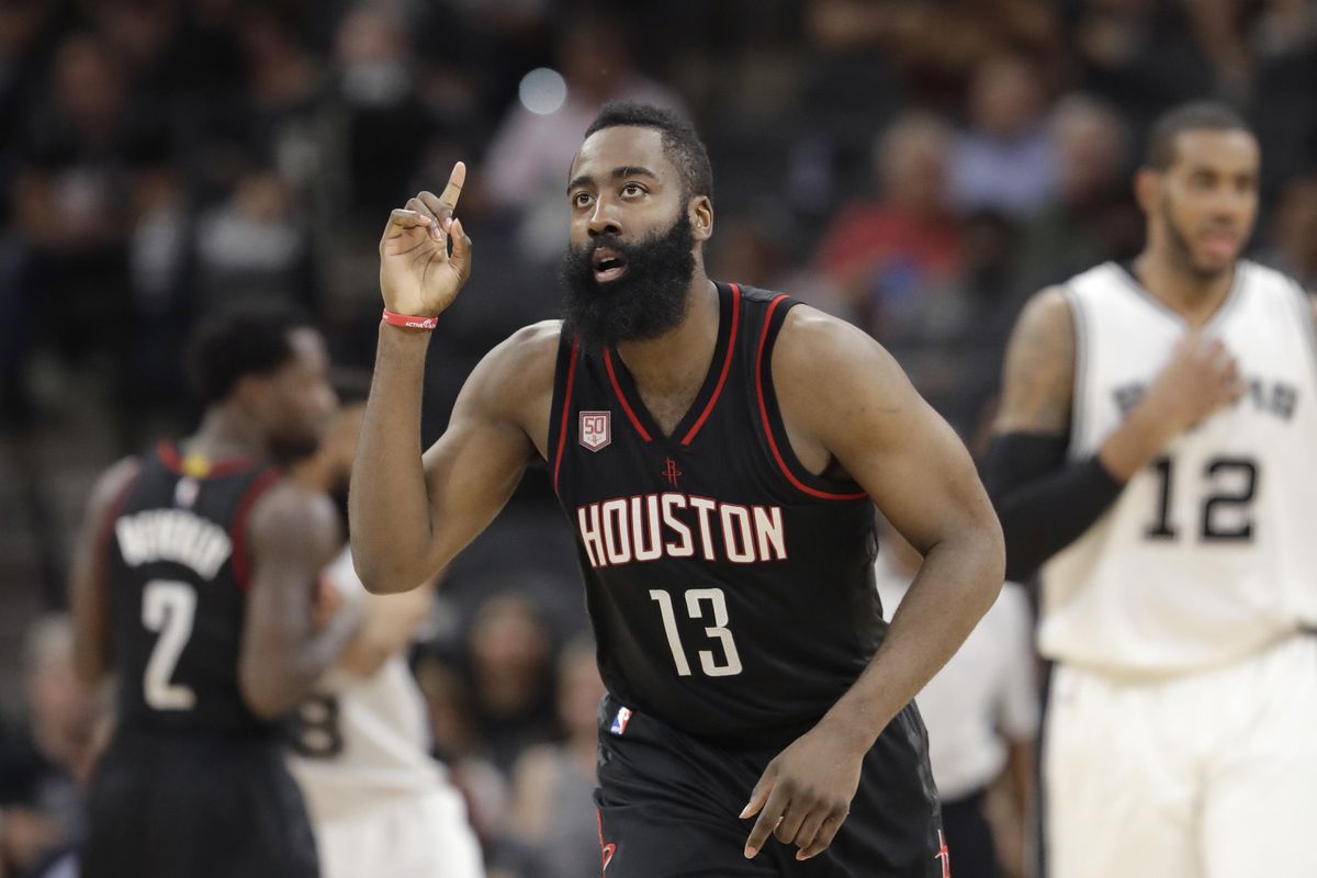 In this May 9, 2017, file photo, Houston Rockets guard James Harden (13) gestures during the second half of Game 5 in a second-round NBA basketball playoff series against the San Antonio Spurs, in San Antonio. For Cleveland’s LeBron James, there was history. For Houston’s James Harden, there was affirmation. James and Harden headlined the All-NBA first team that was unveiled Thursday, May 18, 2017. (Eric Gay / Associated Press)