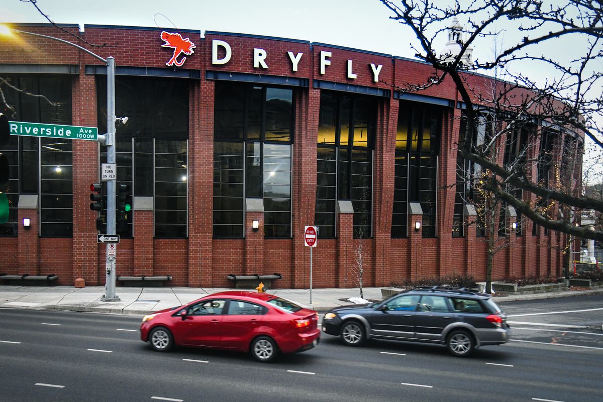 Dry Fly Distilling has added a sign atop its new location at the corner of Riverside Avenue and Monroe Street.  (DAN PELLE/THE SPOKESMAN-REVIEW)