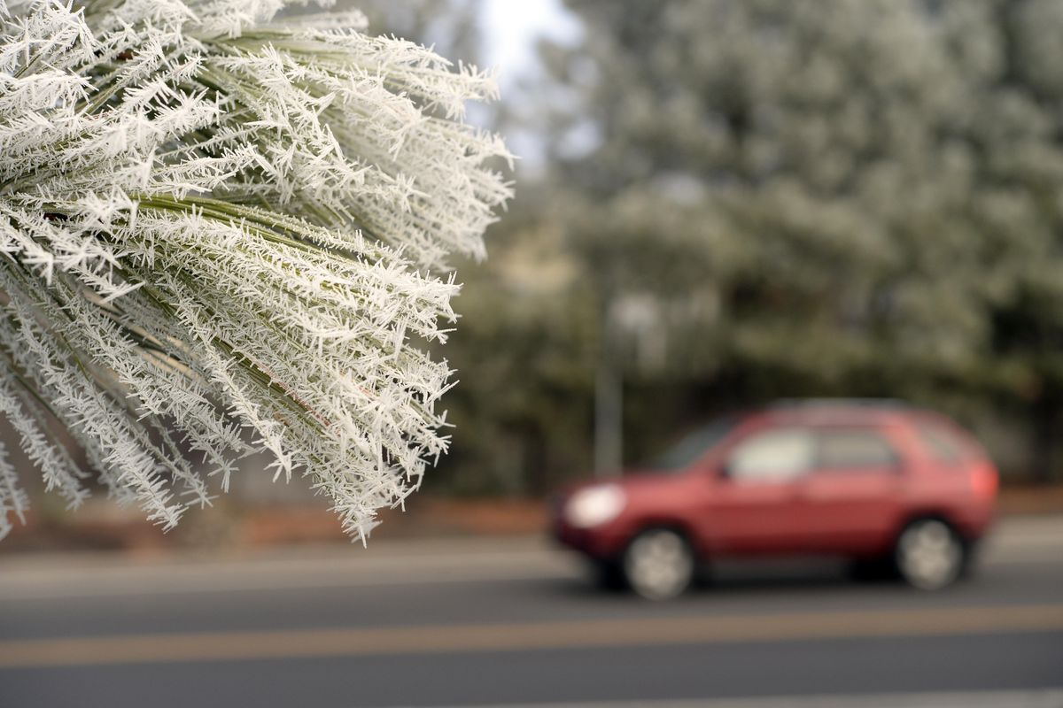 Traffic on High Drive passes through a frosty landscape  Dec. 26, 2014, on Spokane’s South Hill, where heavy frost came with foggy conditions.  The Inland Northwest saw black ice on some roadways last week despite relatively dry conditions. The cause: frozen fog. (Jesse Tinsley / The Spokesman-Review)