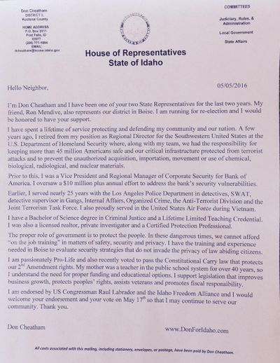 Idaho Rep. Don Cheatham’s fundraising letter, on a facsimile of his official House letterhead