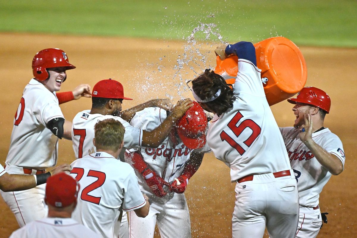 The Spokane Indians celebrate an 11-10 walk-off win over the Vancouver Canadians on July 29, 2021.  (James Snook/Spokane Indians)