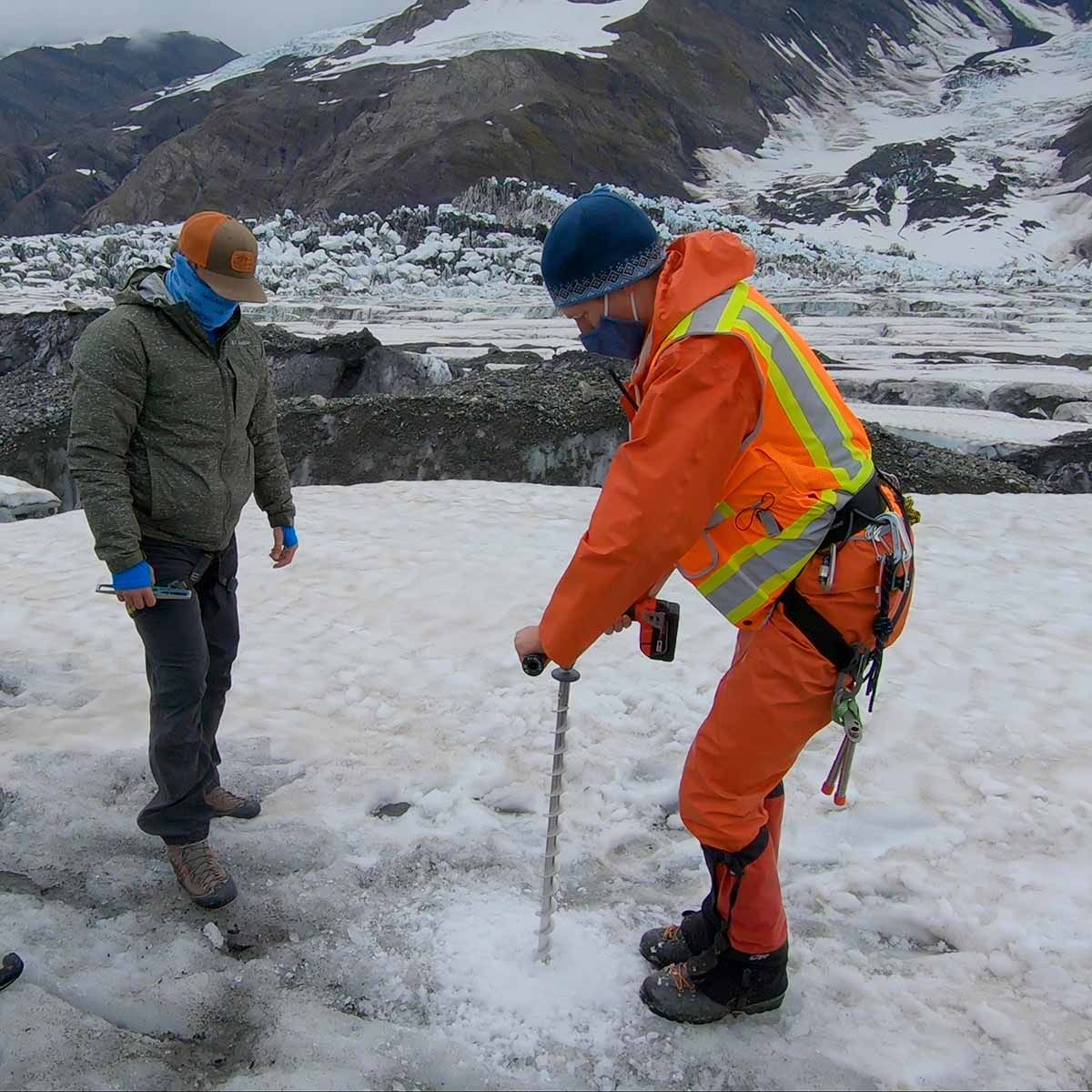 Thomas Otheim, left, a lab technician at Boise State University, and Tim Bartholomaus, a University of Idaho glaciologist, perform research on the Turner Glacier in Alaska.  (Photos courtesy of Chris Miele, Tim Bartholomaus, Jukes Liu)