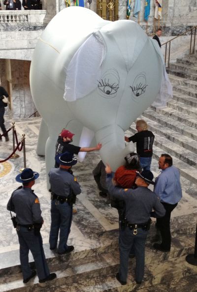 OLYMPIA -- Members of the Backbone Campaign try to right an elephant they are inflating in the Capitol Rotunda as part of their call for a state income tax. (Jim Camden)