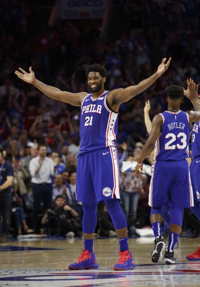 Philadelphia 76ers' Joel Embiid, of Cameroon, reacts to his basket during the first half in Game 5 of a first-round NBA basketball playoff series against the Brooklyn Nets, Tuesday, April 23, 2019, in Philadelphia. (AP Photo/Chris Szagola) ORG XMIT: PACS104 (Chris Szagola / AP)