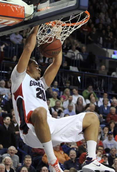 Gonzaga's Elias Harris lays down the law in the 2nd half against Pepperdine on Jan. 13, 2011, in Spokane, Wash. (Dan Pelle / The Spokesman-Review)