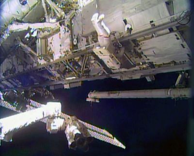 Astronaut Rick Mastracchio performs a spacewalk outside the International Space Station on Saturday. (Associated Press)