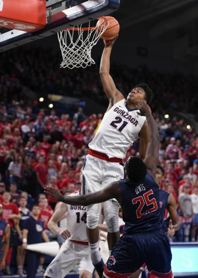 Gonzaga forward Rui Hachimura (21) dunks the ball during the first half of a college basketball game, Tues. Nov. 14, 2017, in the McCarthey Athletic Center. (Colin Mulvany / The Spokesman-Review)