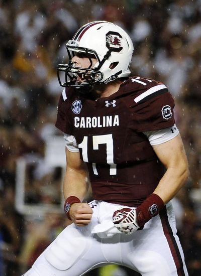 South Carolina quarterback Dylan Thompson is pumped up after upsetting No. 6 Georgia. (Associated Press)