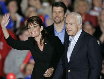 John McCain and   Sarah Palin speak at a rally Wednesday  at Lunken Airport in Cincinnati. Todd Palin watches at rear.  (Associated Press / The Spokesman-Review)